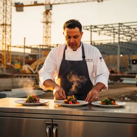 Chef in wit jasje serveert dampende gerechten vanuit mobiele keuken op bouwplaats, met kranen op de achtergrond in middagzon.