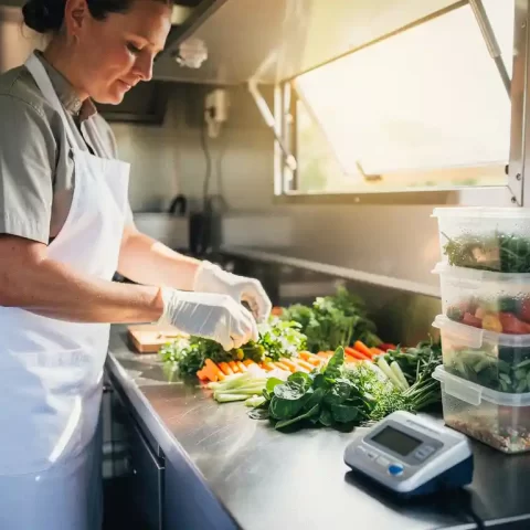 Cateringprofessional met handschoenen die verse ingrediënten schikt op roestvrijstalen werkblad in mobiele veldkeuken.