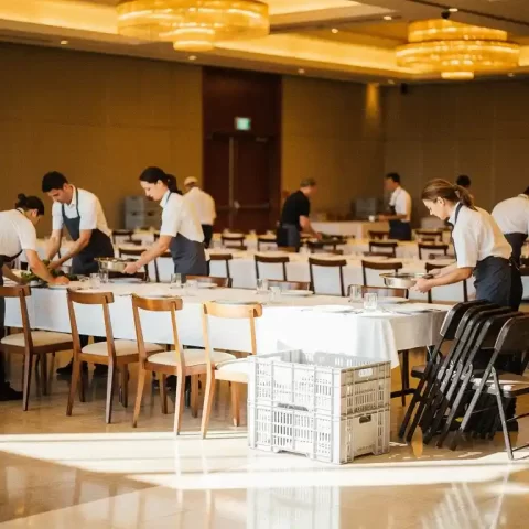 Cateringteam dat lange banquettafels met witte linnen dekt in een feestzaal, met gestapelde kratten en stoelen op de achtergrond.
