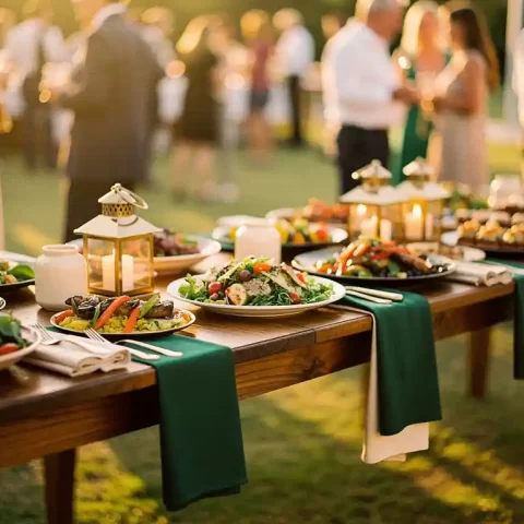 Outdoor pop-up cateringstation met houten tafels vol kleurrijke gerechten, linnen servetten en lantaarns in warm gouden avondlicht.