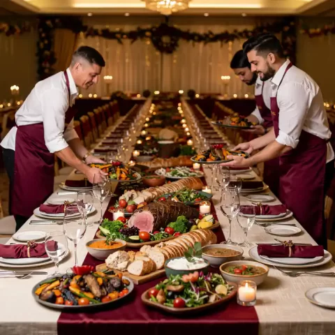 Feestelijk gedekte banquettafel met kleurrijke gerechten, kaarslicht en cateringpersoneel in schorten tijdens een personeelsfeest.