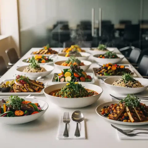 Kleurrijke plantaardige cateringgerechten met geroosterde groenten, grainbowls en verse kruiden op een witte tafel in een zakelijke setting.