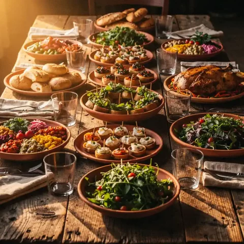 Rustieke houten tafel met gevarieerde cateringschotels, mezze, fingerfood en salades in warm goudkleurig licht.