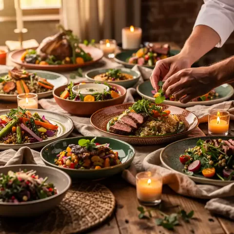 Chef plaatst garnering op kleurrijke seizoensgebonden hapjes en deelgerechten op rustieke houten tafel met kaarslicht.