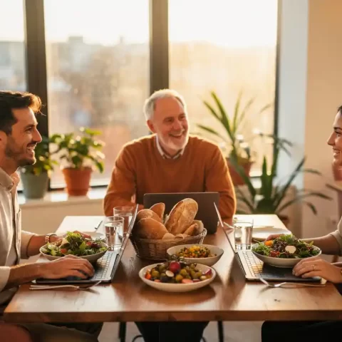Vier collega's lunchen samen aan een houten tafel met seizoenssalades, broodjes en kleurrijke schalen in een licht modern kantoor.
