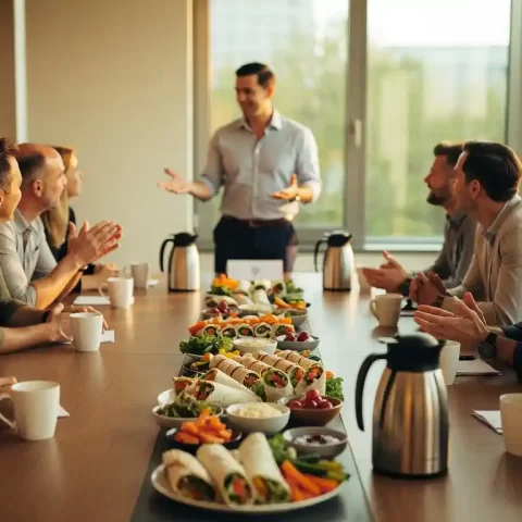 Trainer pauzeert tijdens bedrijfstraining terwijl collega's zich vooroverbuigen aan vergadertafel met vers seizoensgebonden fingerfood, wraps en koffie.