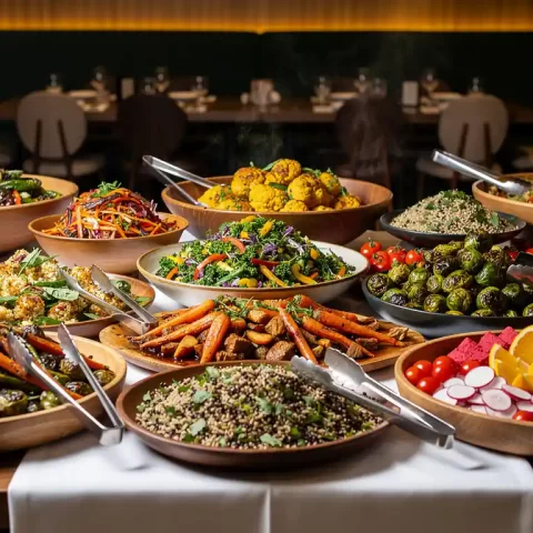 Weelderige veganistische buffettafel met geroosterde groenten, graansalades en kruidenschotels in een elegante feestzaal met gouden verlichting.