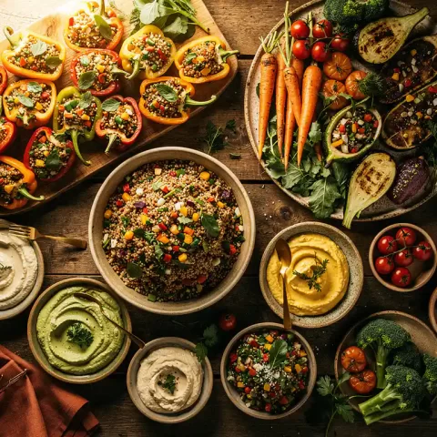 Kleurrijke vegetarische cateringschotels op rustieke houten tafel met gevulde paprika's, graansalades, geroosterde groenten en romige dips.