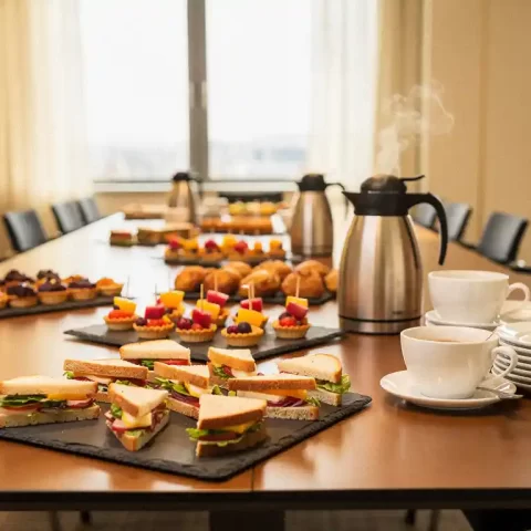 Vergaderzaal catering met belegde broodjes, fruitspiesjes en gebakjes op leisteen planken, dampende koffiekannen in warm natuurlijk licht.