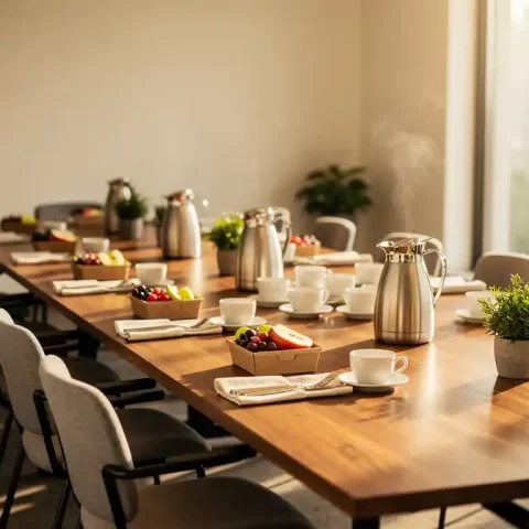 Houten vergadertafel met lunchboxen, fruitschalen en koffiekannen in een lichte trainingsruimte met grote ramen.