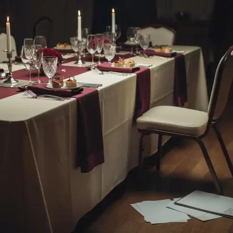 Verlaten bankettafel met elegant glaswerk, borden en gevouwen servetten bij kaarslicht, omgevallen klembord op de vloer, bordeaux en ivoren tinten.