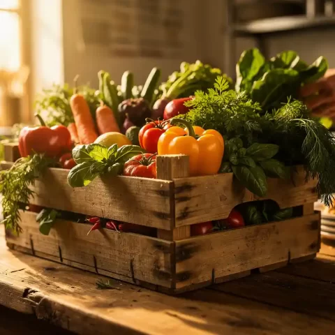 Rustieke houten krat vol verse seizoensgroenten, kruiden en lokale producten op een verweerde eikenhouten tafel in een professionele cateringkeuken.