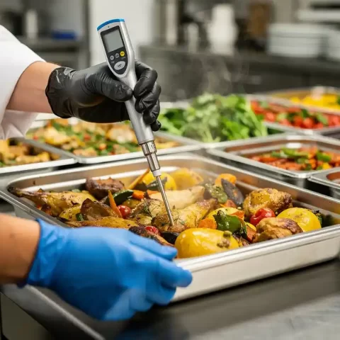 Gekhandschoende handen van een chef-kok die de temperatuur van cateringgerechten controleert met een digitale vleesthermometer in een roestvrijstalen keuken.