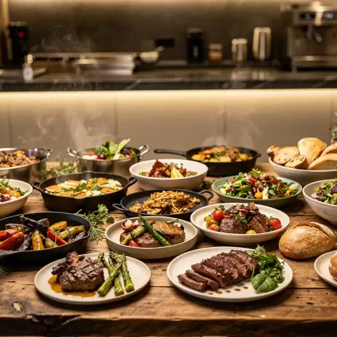 Warme buffetopstelling op houten tafel met stomende gerechten en verse ingrediënten, modern bedrijfsrestaurant op de achtergrond.