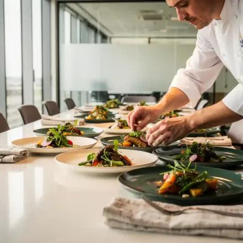 Cateringchef schikt elegante borden op een vergadertafel in een licht modern kantoor met vloer-tot-plafondvensters.