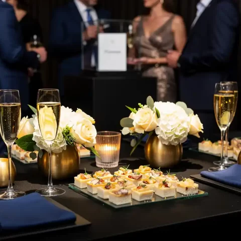 Elegante cateringopstelling met hapjes en champagnefluiten op zwart tafellaken, versierd met ivoren en gouden bloemen tijdens bedrijfsevenement.