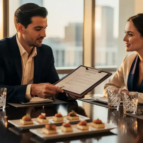Cateringmanager overhandigt voorstel op klembord aan zakelijke klant aan conferentietafel met canapés en glaswerk.