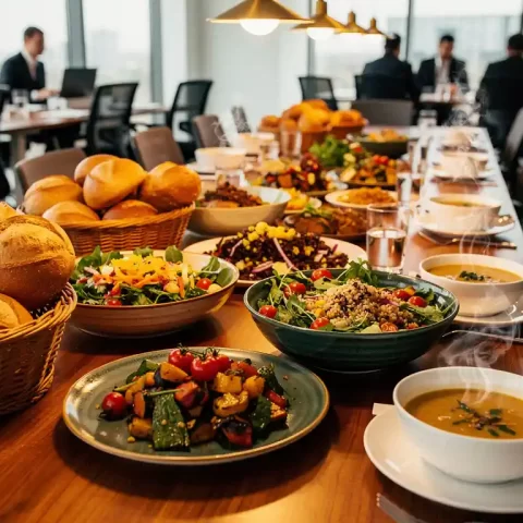 Zakelijke lunch op een lange communale tafel met warme broodjes, kleurrijke salades en dampende soepkommen in een modern kantoor.