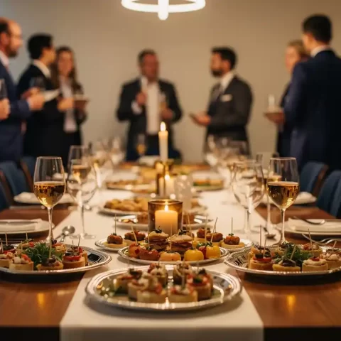 Elegante cateringtafel met zilveren schalen, ambachtelijke hapjes en gevulde wijnglazen tijdens een zakelijk netwerkevenement.