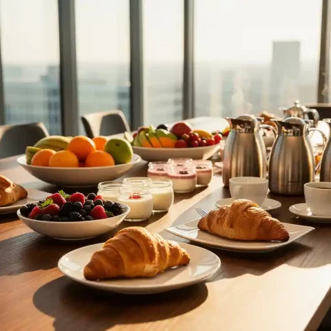 Zakelijk ontbijtbuffet met croissants, fruit, yoghurt en koffiekannen op een houten vergadertafel in warm ochtendlicht.
