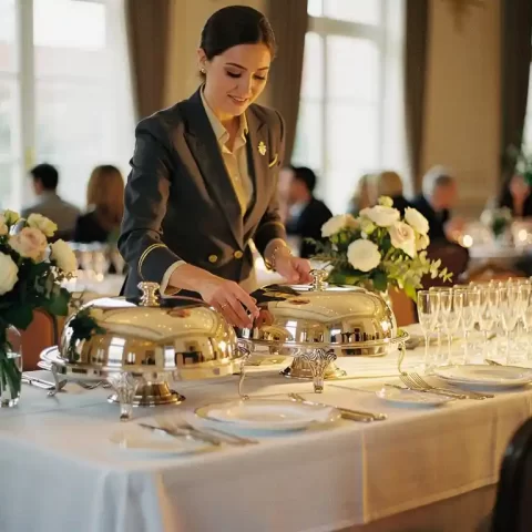 Cateringcoördinator schikt zilveren serveerschalen op een banquettafel met wit linnen, champagnefluiten en bloemstukken in warm omgevingslicht.