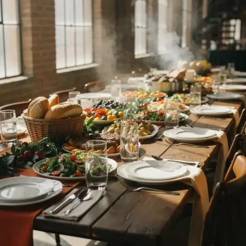 Lang rustieke houten tafel voor vijftig personen met kleurrijke schotels, vers brood en dampende gerechten voor een bedrijfslunch.