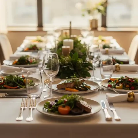 Elegant gedekte vergadertafel met witte linnen servetten, seizoensgerechten en gepolijst glaswerk in warm natuurlijk licht.