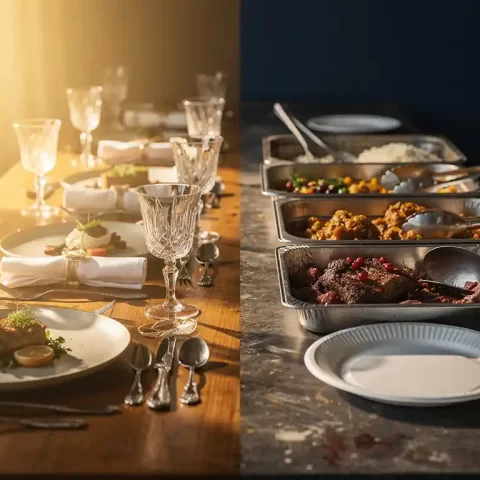 Elegante zakelijke lunchtafel met polished glaswerk en gourmetgerechten naast een bouwplaatsmaaltijdstation met stevige porties in metalen bakken.
