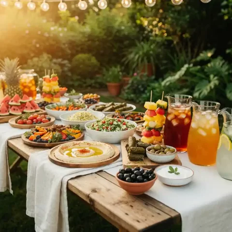 Zomerse cateringtafel buiten met mezze-schalen, fruitspiesjes en gekoelde drankjes, omgeven door groen en gouden zonneschijn.
