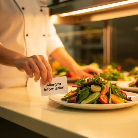 Cateringmedewerker plaatst allergeneninformatiekaart naast vers bereide maaltijd op moderne bedrijfskantinebalie met kleurrijke ingrediënten op achtergrond.