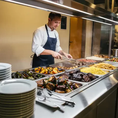 Chef past portiegroottes aan bij een buffetlijn met dampende maaltijden in roestvrijstalen bakken, moderne bedrijfskantine.