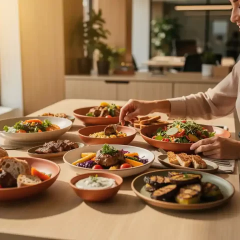 Zakelijke lunch met kleurrijke gerechten in elegante schalen op een modern kantoor, professional reikt naar eten in warm middaglicht.