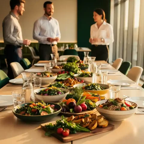 Collega's verzamelen zich rond een lange tafel met verse salades, graankommen en seizoensgroenten in een lichte moderne bedrijfskantine.
