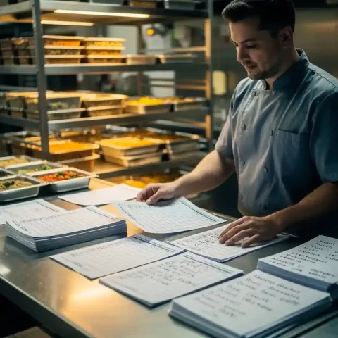Cateringmanager bekijkt bezorgschema's en handgeschreven notities op een roestvrijstalen keukentafel, maaltijdbakken op de achtergrond.