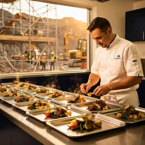 Chef in wit uniform portionneert warme maaltijden op roestvrijstalen toonbank, met bouwplaats zichtbaar door raam op achtergrond.