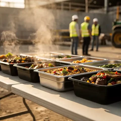 Cateringtafel met warme gerechten op een industriële bouwplaats, met harde hoeden en hesjes op de achtergrond in gouden middaglicht.