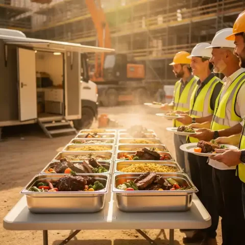 Bouwvakkers in harde hoeden staan in de rij bij een cateringtafel vol warme maaltijden in stalen bakken op een actieve bouwplaats.