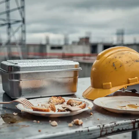Halfopgegeten, lauwwarme maaltijd op een versleten bouwplaatstafel met een besloten cateringcontainer en een veiligheidshelm ernaast.