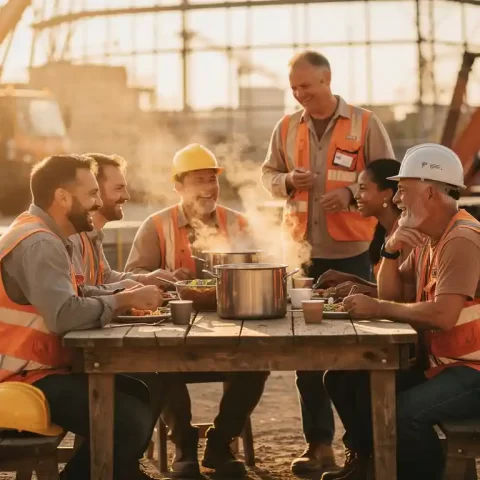 Diverse bouwvakkers delen een warme maaltijd aan een houten tafel op de werkplek, harde hoeden opzij, gouden avondlicht.