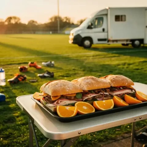 Dampende sandwiches en verse sinaasappelschijfjes op klaptafel langs sportveld, cateringbus en voetbalschoenen op achtergrond.