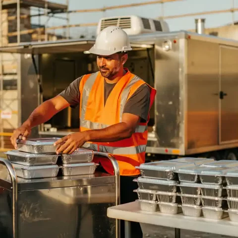 Cateringmedewerker in veiligheidsvest tilt geïsoleerde maaltijdcontainers van een transporttrolley op een bouwplaats.