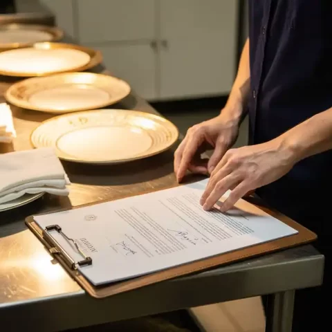 Cateringmanager bekijkt ondertekend contract op roestvrijstalen werktafel naast elegante serveerschalen en gevouwen witte linnen servetten.