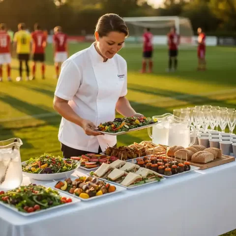 Cateringprofessional richt een feestelijke buitenbuffettafel in naast een sportveld, met trays vers eten en koude dranken in warm middaglicht.