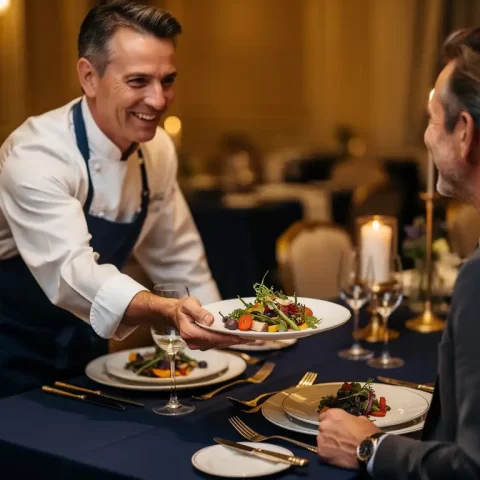 Cateringchef presenteert sierlijk opgemaakt gerecht aan vaste klant bij gedekte evenementtafel met kaarslicht en seizoensproducten.