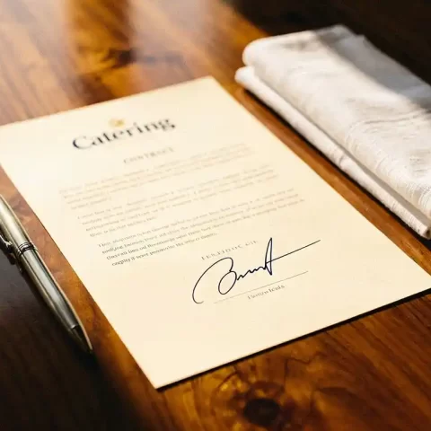 Ondertekend cateringcontract op gepolijste houten tafel met gevouwen witte linnen servet en zilveren pen in warm middaglicht.