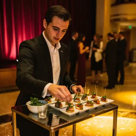 Cateringprofessional schikt elegante hapjes op een dienblad in een theaterlobby met fluwelen gordijnen en warm amberkleurig licht.