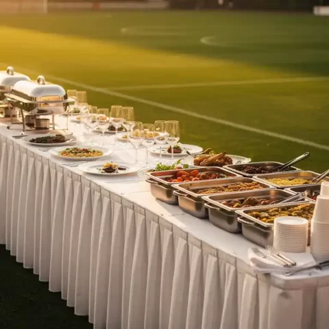 Cateringtafel op voetbalveld met elegant linnen en zilver servies aan één kant, stapelbekers en roestvrijstalen bakken aan de andere kant.