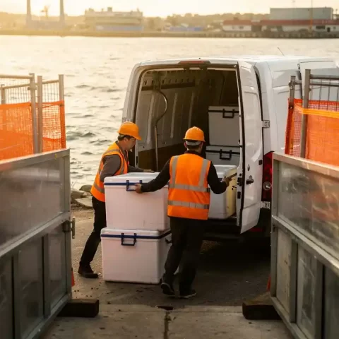 Cateringteam in hesjes en helmen laadt geïsoleerde voedselcontainers uit witte bestelbus bij bouwplaatsingang met stalen veiligheidshekken.