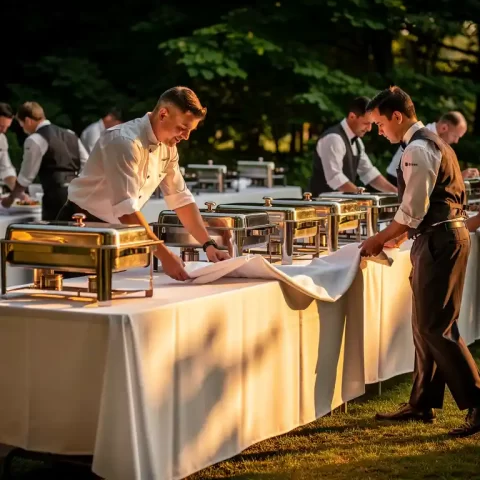 Cateringteam dat buiten lange banquettafels opstelt met witte linnen en chafing dishes in warm middaglicht.
