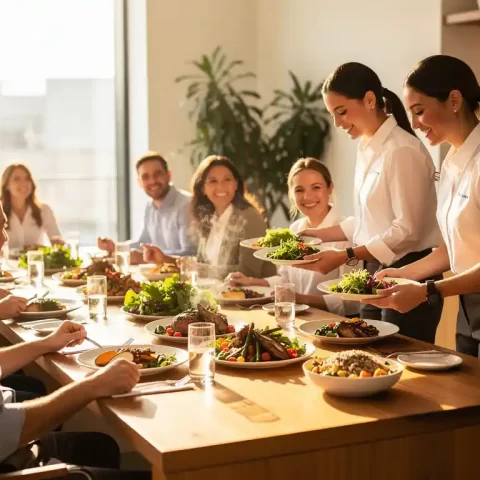 Cateringteam serveert verse, kleurrijke maaltijden aan medewerkers rond een lange tafel in een lichte, moderne kantinekeuken.